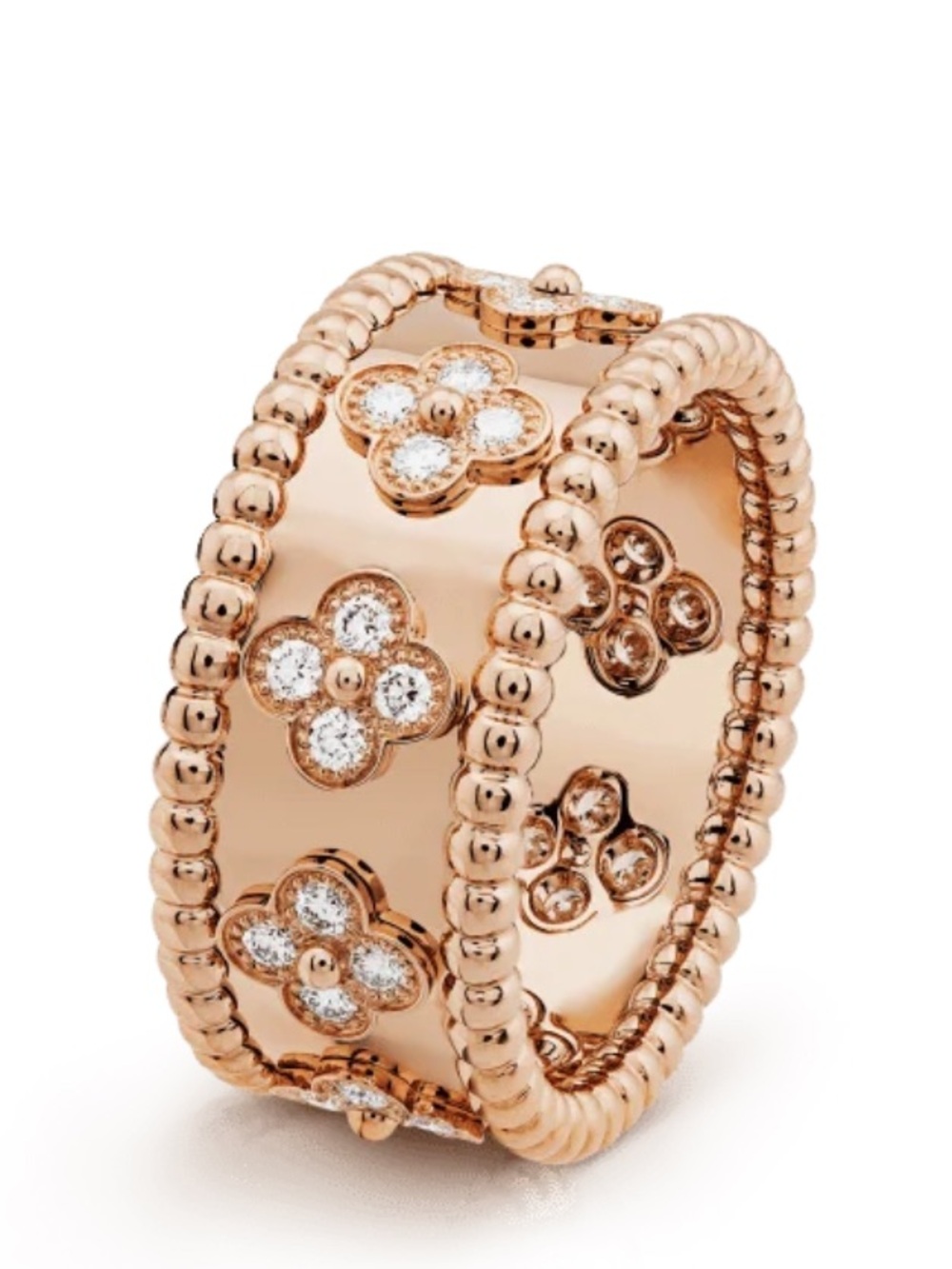 Rose Gold Plated Four Leaf Clover Ring Zircon Flower Wide Band